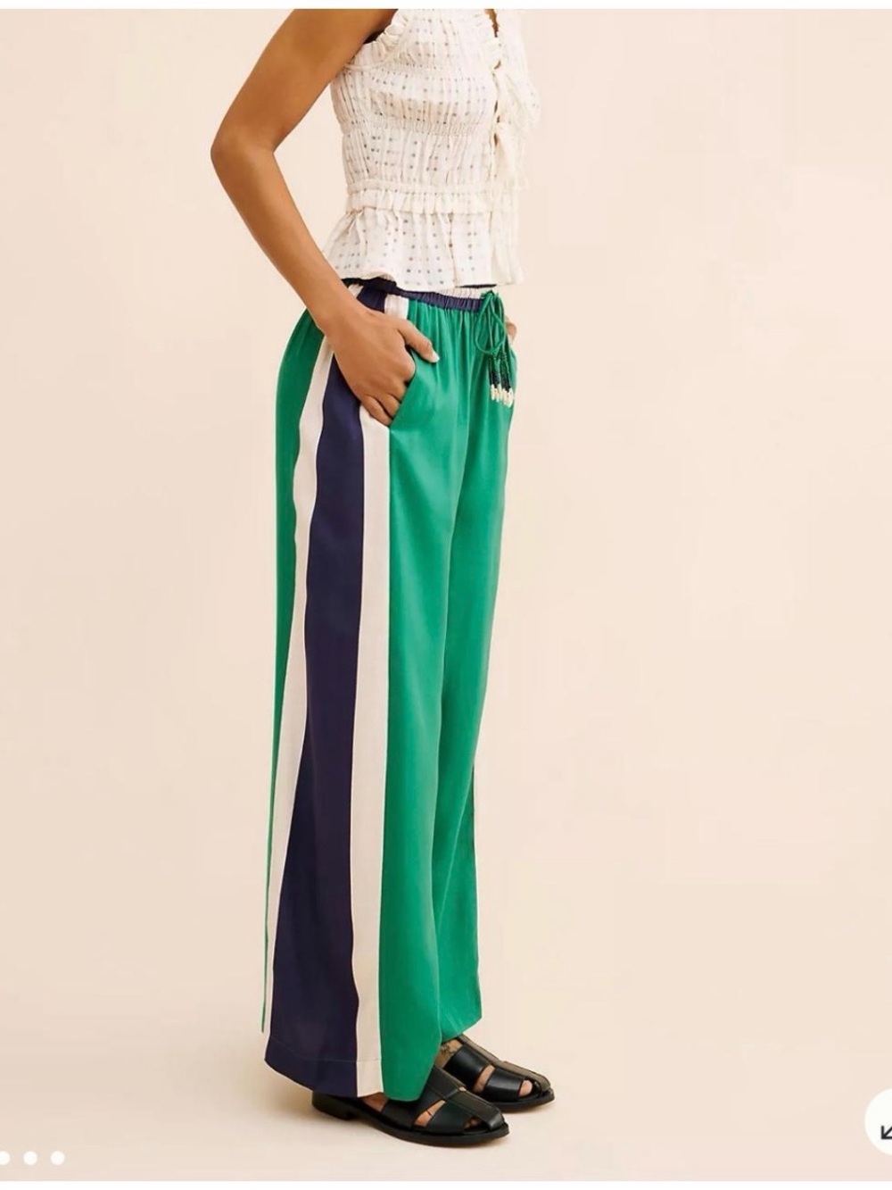 Anthropologie Farm Rio Green and Navy Wide Leg Drawstring Pants Size Medium